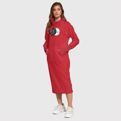 Платье с принтом Космическое время для женщины, вид на модели спереди №3. Цвет основы: красный