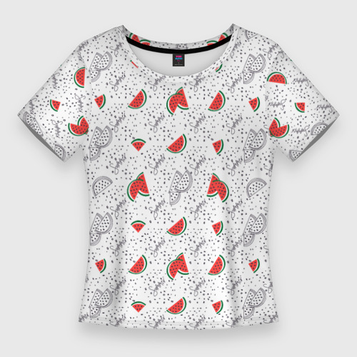 Женская приталенная футболка с принтом Узор из сочных кусочков арбуза, вид спереди №1