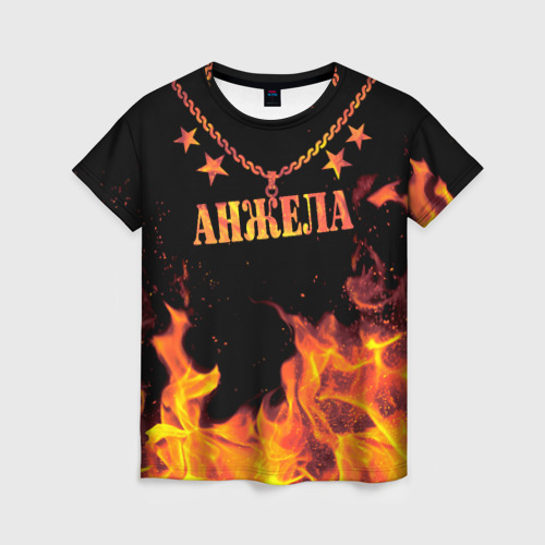 Женская футболка с принтом Анжела - имя в огне, вид спереди №1