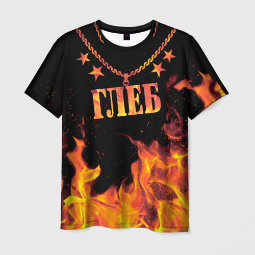 Мужская футболка с принтом Глеб - имя в огне, вид спереди №1