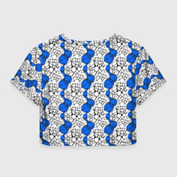 Топик (короткая футболка или блузка, не доходящая до середины живота) с принтом Нейрографический узор из синих кругов и овалов для женщины, вид сзади №1. Цвет основы: белый
