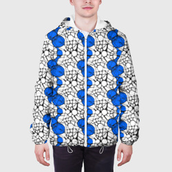 Куртка с принтом Нейрографический узор из синих кругов и овалов для мужчины, вид на модели спереди №3. Цвет основы: белый