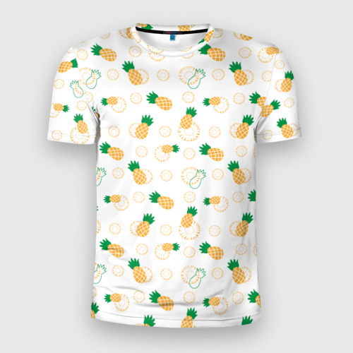 Мужская приталенная футболка с принтом Узор из ананасов и кусочков ананаса, вид спереди №1