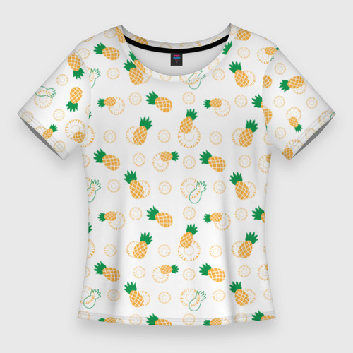 Женская приталенная футболка с принтом Узор из ананасов и кусочков ананаса, вид спереди №1