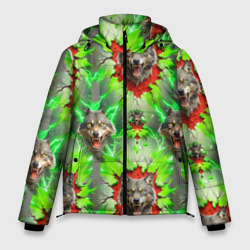 Волки из зеленого паттерна – Мужская зимняя куртка 3D с принтом купить