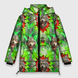 Волки из зеленого паттерна – Женская зимняя куртка Oversize с принтом купить