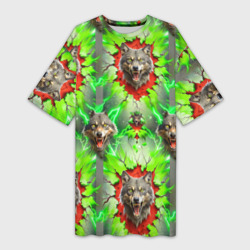 Волки из зеленого паттерна – Платье-футболка 3D с принтом купить