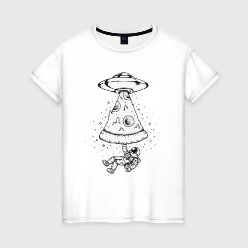 Женская футболка из хлопка с принтом Космонавт и пицца, вид спереди №1