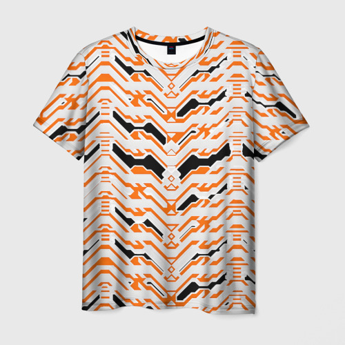 Мужская футболка с принтом Агрессивный бело-оранжевый паттерн, вид спереди №1