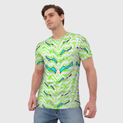Футболка с принтом Агрессивный бело-зелёный паттерн для мужчины, вид на модели спереди №2. Цвет основы: белый