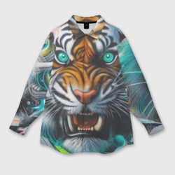 Морда свирепого тигра - нейросеть – Женская рубашка oversize 3D с принтом купить