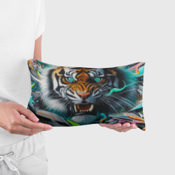 Подушка с принтом Морда свирепого тигра - нейросеть для любого человека, вид спереди №2. Цвет основы: белый