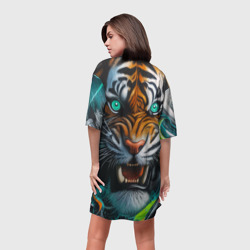 Платье с принтом Морда свирепого тигра - нейросеть для женщины, вид на модели сзади №2. Цвет основы: белый
