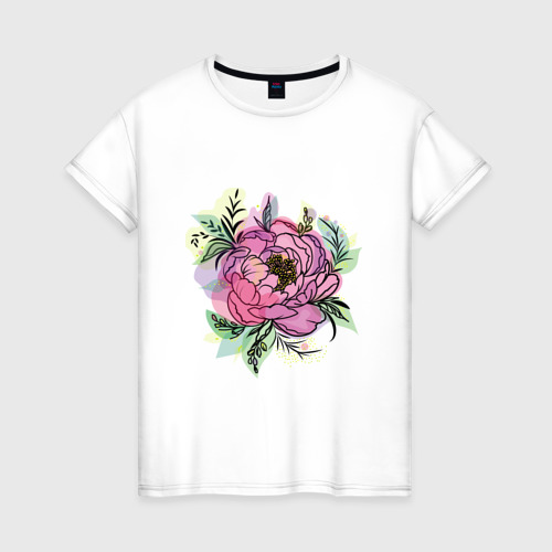 Женская футболка из хлопка с принтом Стильный цветок пион, вид спереди №1
