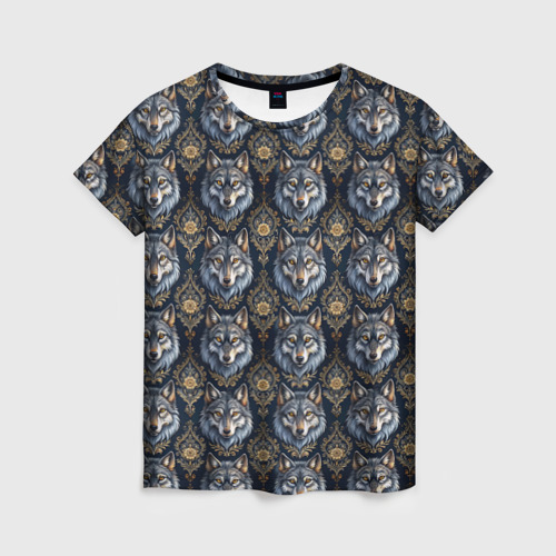 Женская футболка с принтом Волки и узоры классические, вид спереди №1