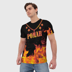 Футболка с принтом Роман - имя в огне для мужчины, вид на модели спереди №2. Цвет основы: белый