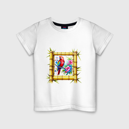 Детская футболка из хлопка с принтом Попугай в рамке из бамбука, вид спереди №1