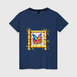 Бабочка в рамке из бамбука – Женская футболка хлопок с принтом купить со скидкой в -20%