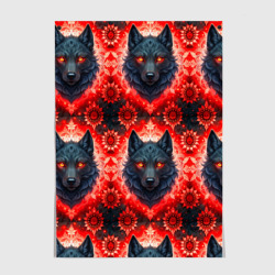 Волки на красном фоне паттерн – Постер с принтом купить