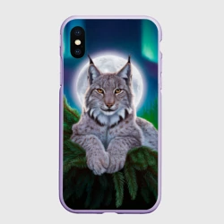 Чехол для iPhone XS Max матовый Рысь среди сосновых ветвей под северным сиянием и луной