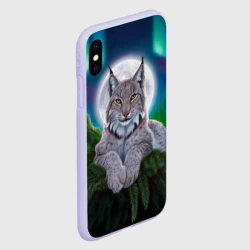 Чехол для iPhone XS Max матовый Рысь среди сосновых ветвей под северным сиянием и луной - фото 2
