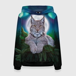 Женская толстовка 3D Рысь среди сосновых ветвей под северным сиянием и луной