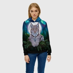 Женская толстовка 3D Рысь среди сосновых ветвей под северным сиянием и луной - фото 2