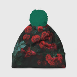 Красные розы с изумрудными листьями – Шапка 3D c помпоном с принтом купить
