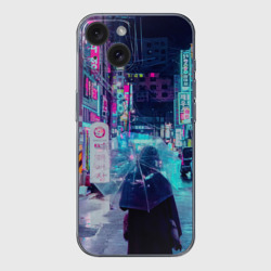 Чехол для iPhone 15 силиконовый с защитой камеры Дождливый неоновый вечер в Японии