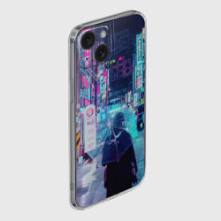 Чехол для iPhone 15 силиконовый с защитой камеры Дождливый неоновый вечер в Японии - фото 2