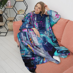 Плед с рукавами Дождливый неоновый вечер в Японии - фото 2