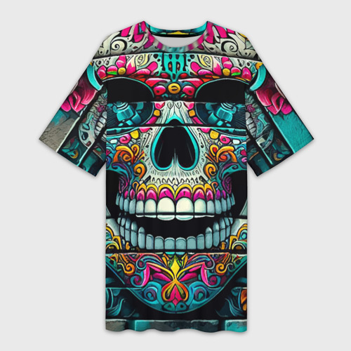 Платье-футболка с принтом Cool skull - graffiti ai art, вид спереди №1