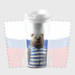 Термокружка с принтом Медведь и флаг России для любого человека, вид спереди №2. Цвет основы: белый