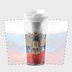 Термокружка с принтом Россия герб и флаг для любого человека, вид спереди №2. Цвет основы: белый