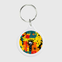 Брелок круглый Красочная абстракция с черным персонажем