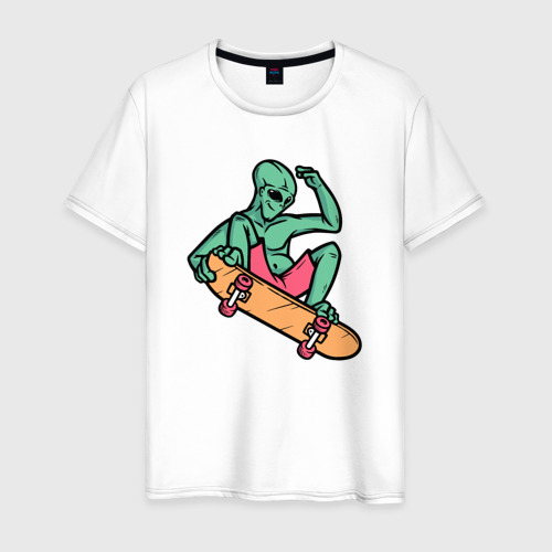Мужская футболка из хлопка с принтом Инопланетянин скейтер, вид спереди №1