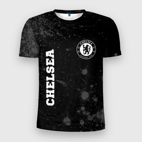 Мужская приталенная футболка с принтом Chelsea sport на темном фоне вертикально, вид спереди №1