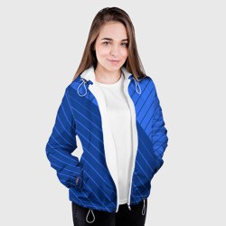 Куртка с принтом Сине-голубой косые полосы для женщины, вид на модели спереди №3. Цвет основы: белый