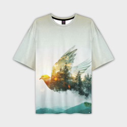 Летящий голубь и лес эффект двойной экспозиции – Мужская футболка oversize 3D с принтом купить со скидкой в -50%