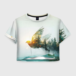 Летящий голубь и лес эффект двойной экспозиции – Женская футболка Crop-top 3D с принтом купить