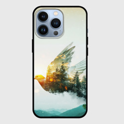 Летящий голубь и лес эффект двойной экспозиции – Чехол для iPhone 13 Pro с принтом купить