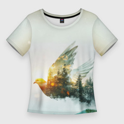 Летящий голубь и лес эффект двойной экспозиции – Женская футболка 3D Slim с принтом купить