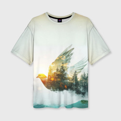 Летящий голубь и лес эффект двойной экспозиции – Женская футболка oversize 3D с принтом купить со скидкой в -50%
