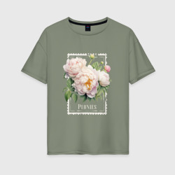 Женская футболка хлопок Oversize Пионы в винтажном стиле