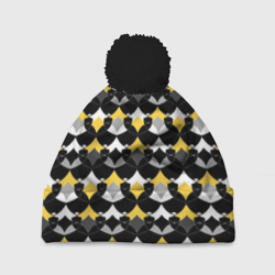 Желто черный с белым геометрический узор – Шапка 3D c помпоном с принтом купить