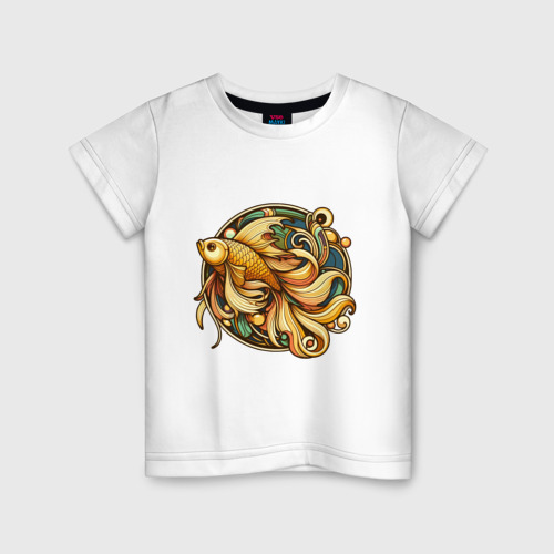 Детская футболка из хлопка с принтом Золотая рыбка исполняет  желания, вид спереди №1