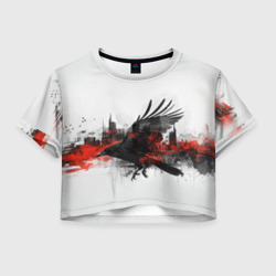 Силуэт черного ворона и города – Женская футболка Crop-top 3D с принтом купить