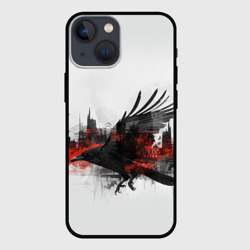 Силуэт черного ворона и города – Чехол для iPhone 13 mini с принтом купить
