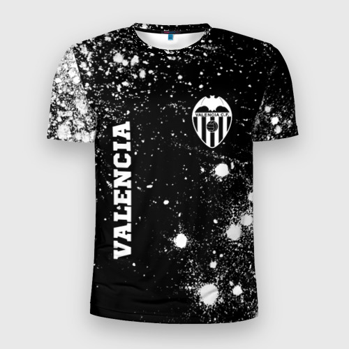 Мужская приталенная футболка с принтом Valencia sport на темном фоне вертикально, вид спереди №1