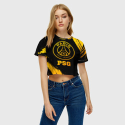 Топик (короткая футболка или блузка, не доходящая до середины живота) с принтом PSG - gold gradient для женщины, вид на модели спереди №2. Цвет основы: белый